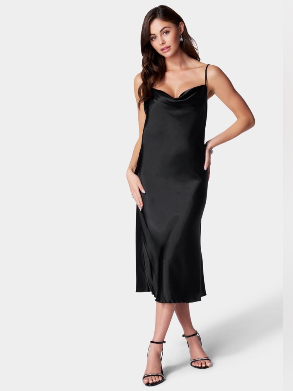 Bebe Satin Cowl Neck Slip Midi Dress- Black